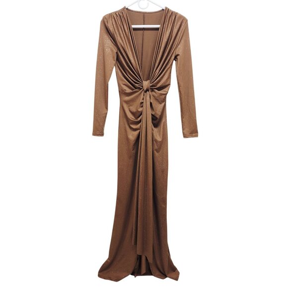 Brown Long-Sleeve Ruched Knot Front Maxi Dress Glitter Accents Deep V Neck SZ M - Picture 4 of 10